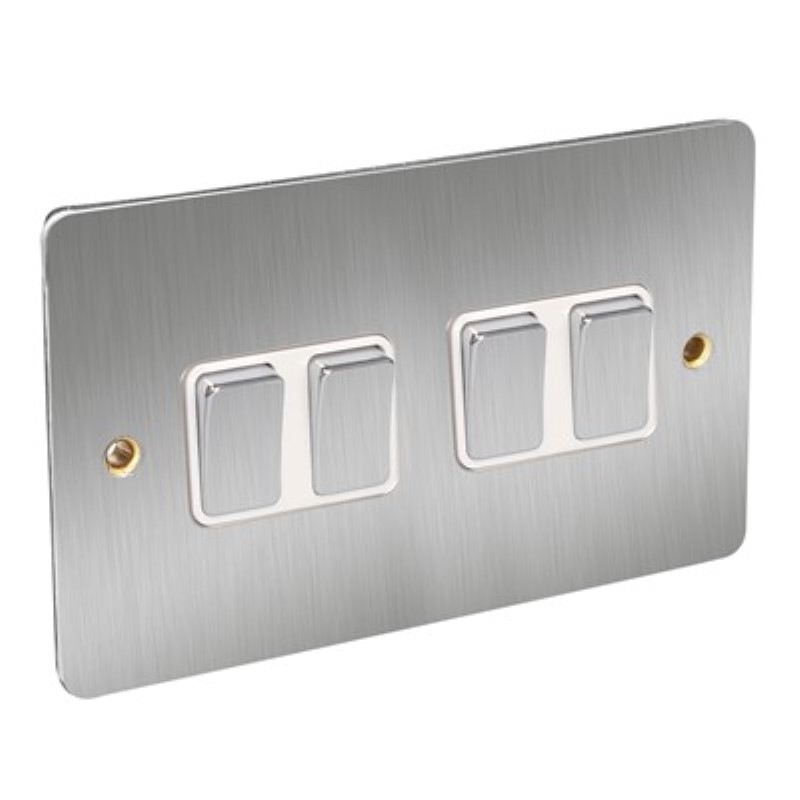 Flat Plate 10Amp 4 Gang 2 Way Switch *Satin Chrome/White Insert - Click Image to Close